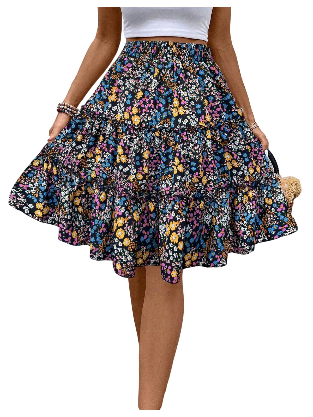 Verdusa Women's Boho Floral Tiered Ruffle Skirts Flowy Flared Summer Knee Length Midi Skirt