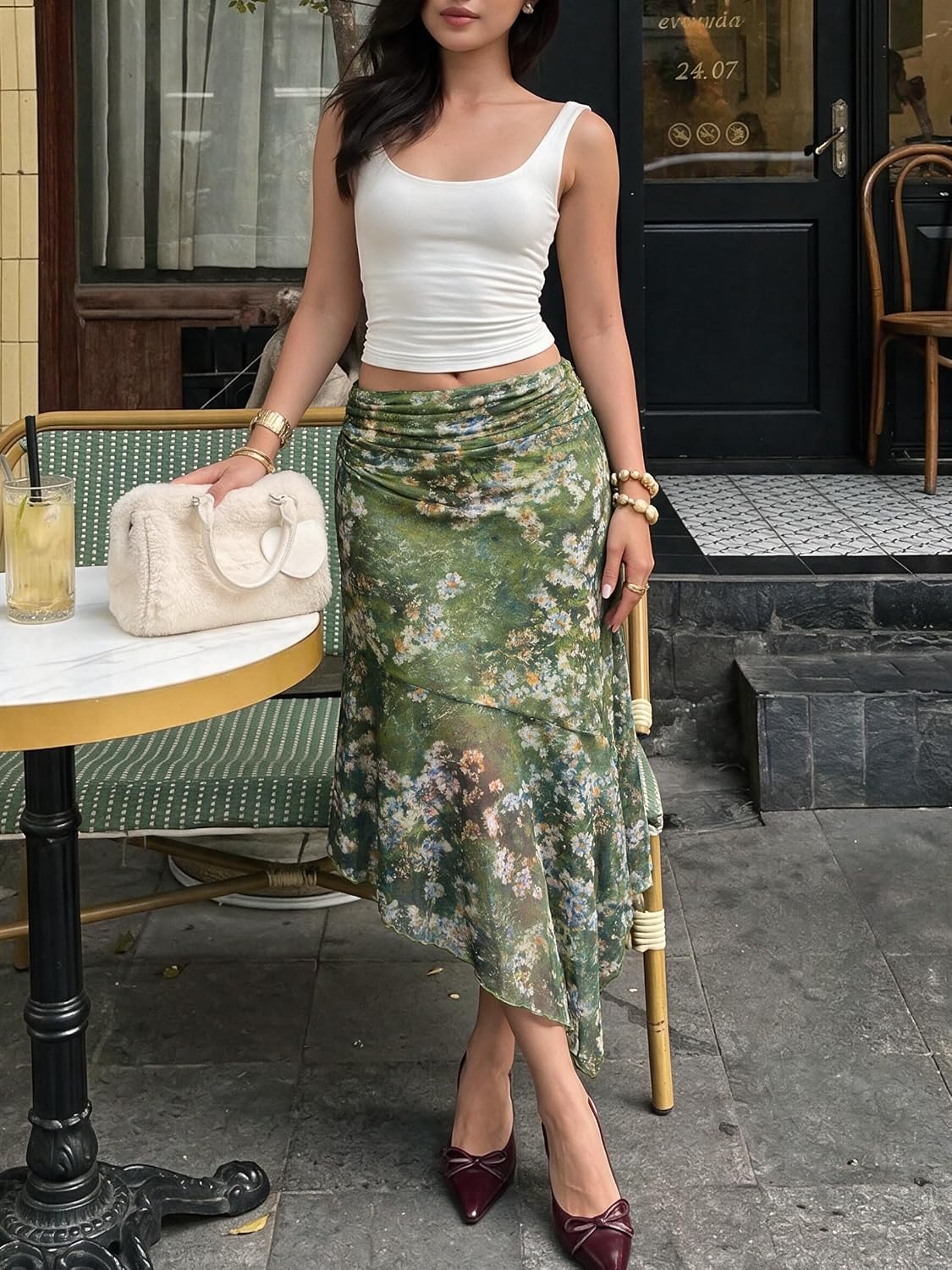 Narecte Boho Floral Ruched Asymmetrical Skirt Womens Midi Skirt