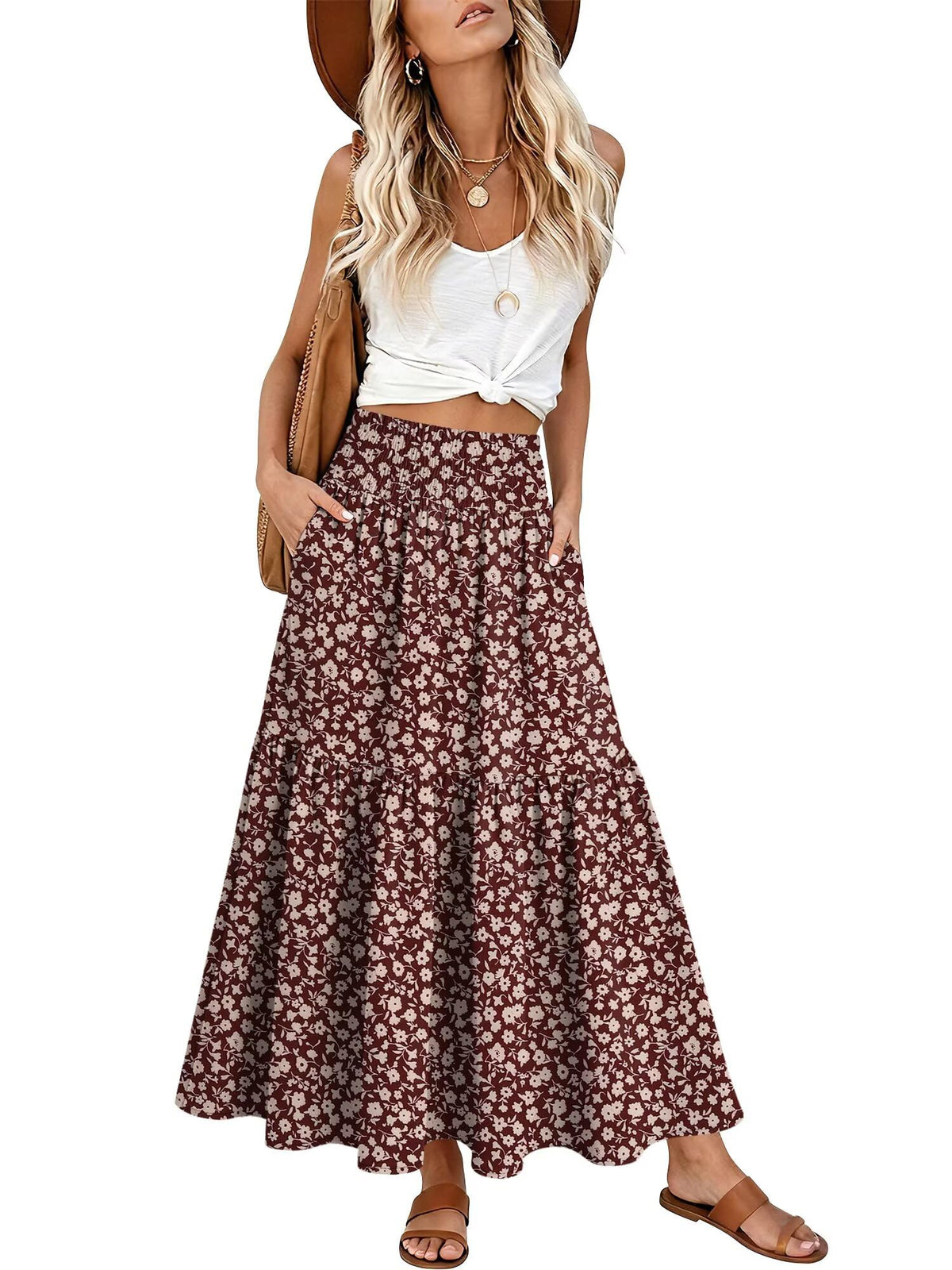 StunShow Women's Maxi Skirts Boho High Waisted Flowy A Line Pleated Beach Long Skirt with Pockets(S-XXL)