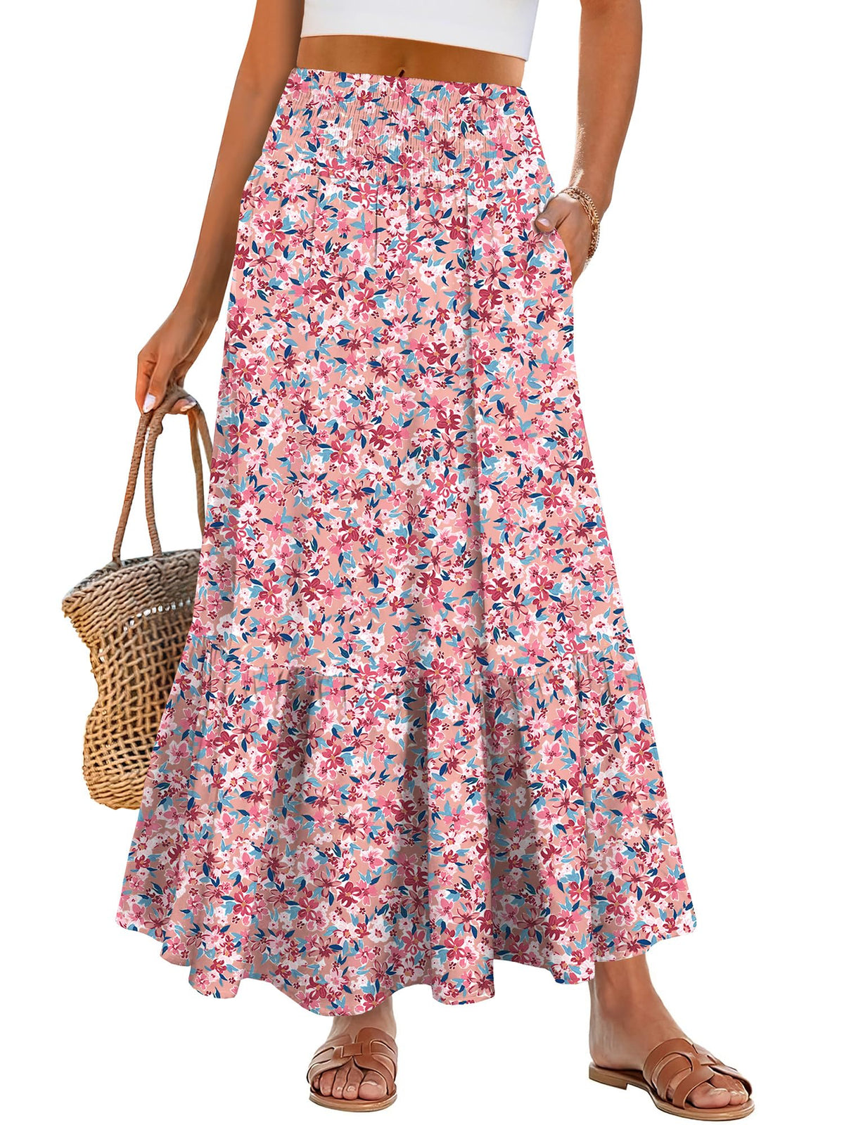ANRABESS Women Boho Floral Maxi Skirts, High Waisted Tiered Skirt, Flowy Beach Skirts with Pockets for Vacation & Summer Wear