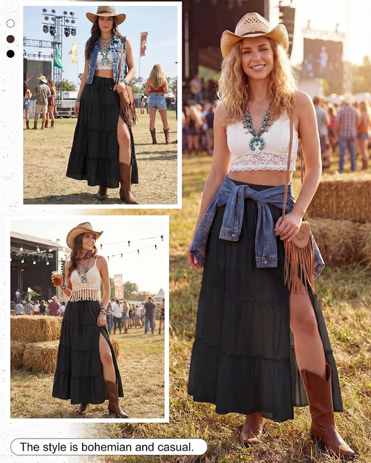 Cutecrop Womens Tiered Maxi Skirt Elastic Waist Flowy Casual Boho Western Skirts Ruffle High Slit Country Cowgirl Long Skirts