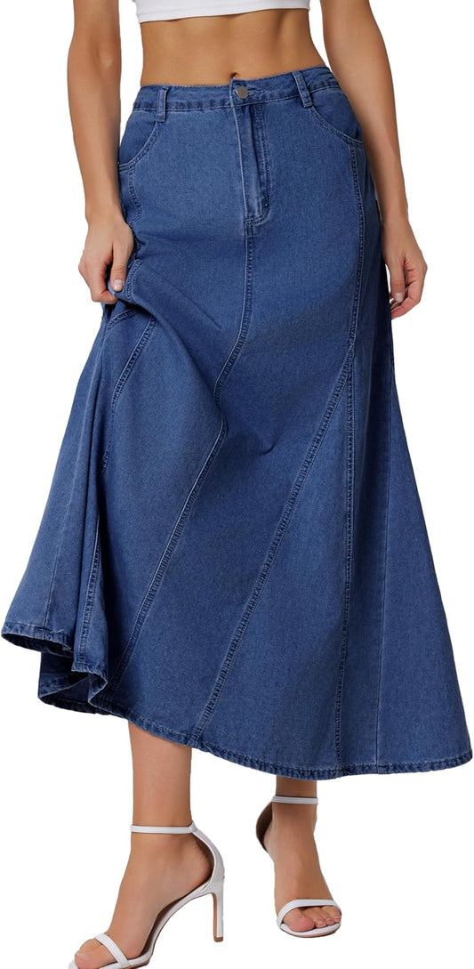 Ladyful Women's Long Denim Skirt Vintage Fishtail Maxi Jean Skirts