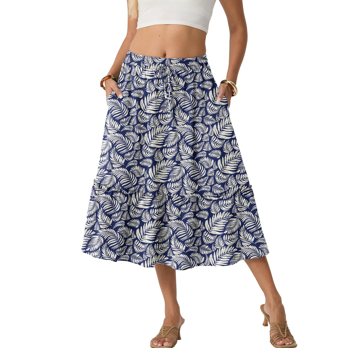 FREEOAK Skirts for Women High Waisted Tiered A Line Midi Skirt Knee Length Summer Skirts Drawstring with Pockets