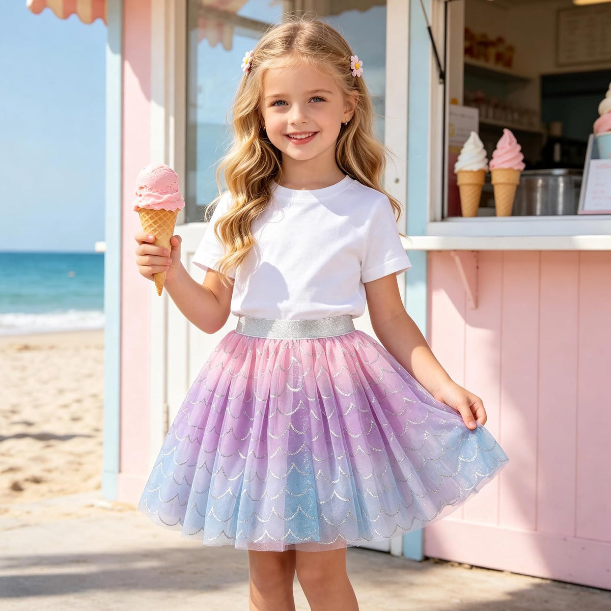 DXTON Kids Girls Tutu Dresses Toddler Rainbow Flower Tulle Skirt