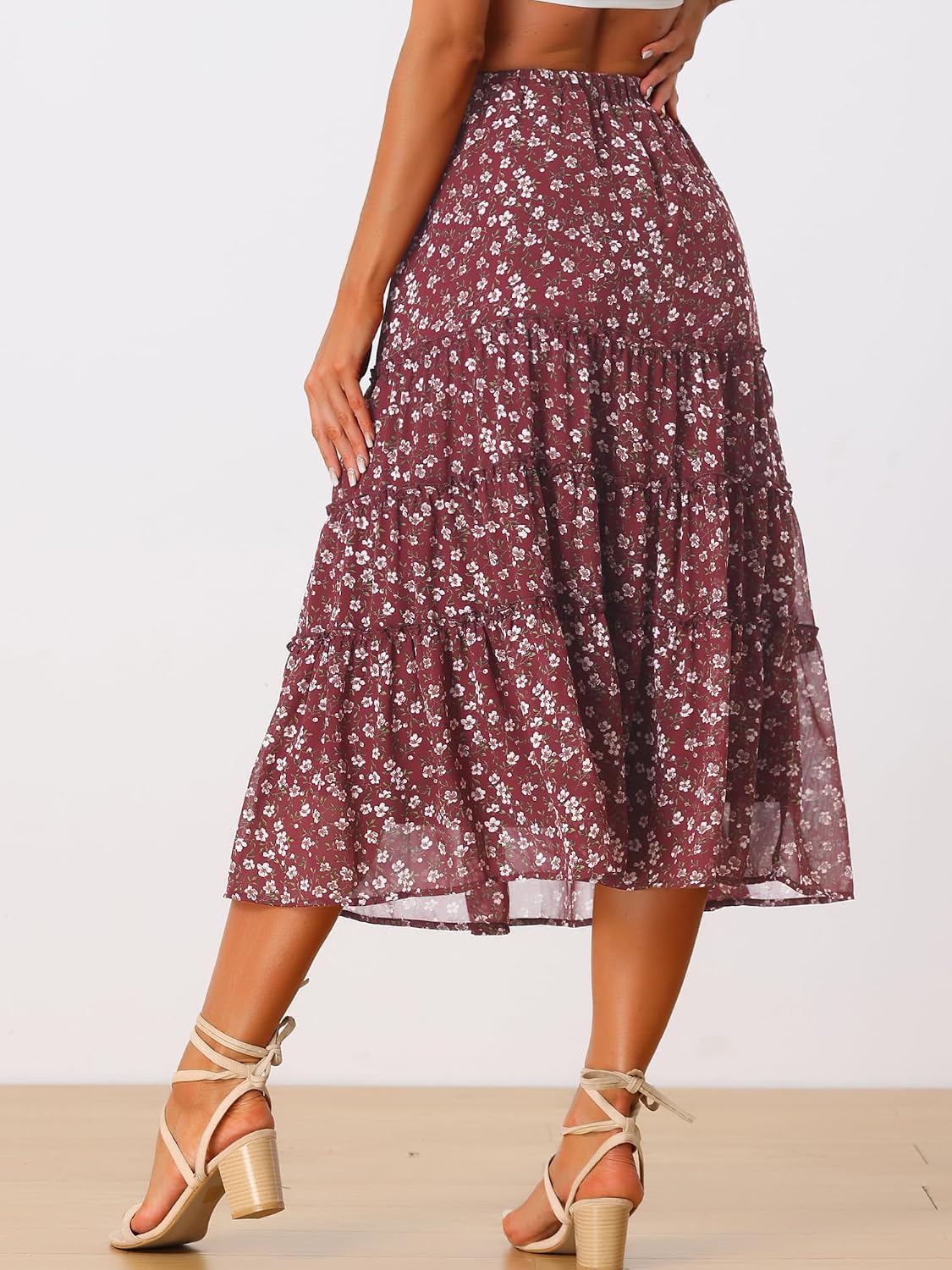 Allegra K Women's Floral Skirt Chiffon A-line Long Tiered Ruffle Maxi Skirt