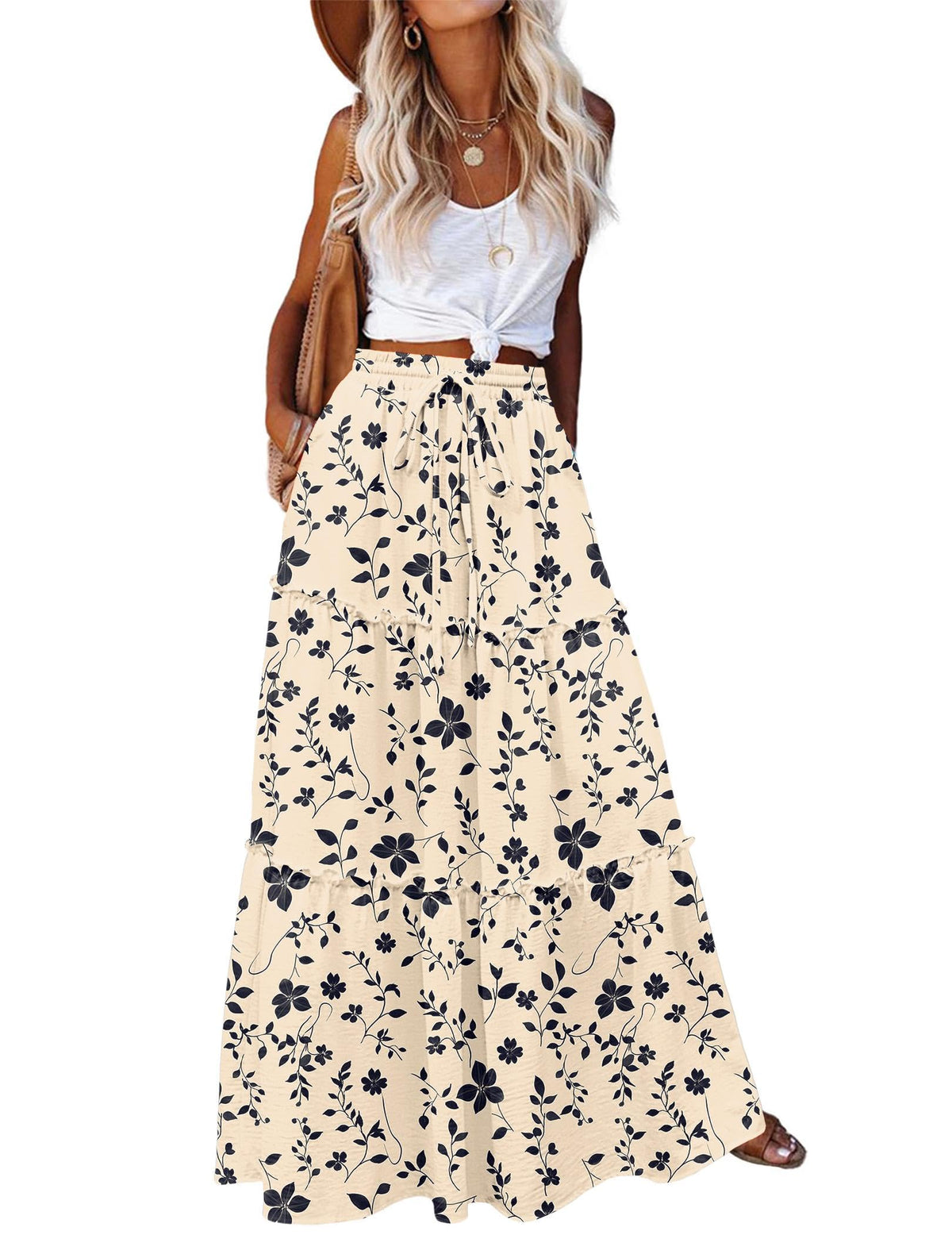 Zeagoo Womens Casual Maxi Skirts for Women 2026 High Waist Boho Skirts Floral Printed Long Flowy Skirt with Pockets