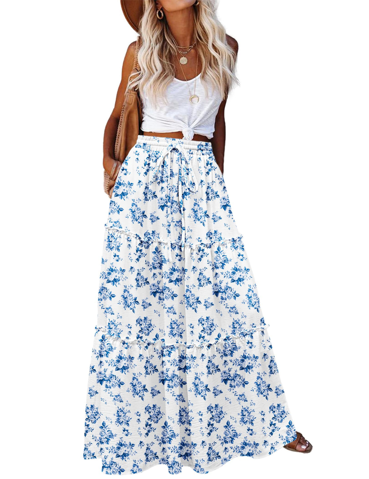 Zeagoo Womens Casual Maxi Skirts for Women 2026 High Waist Boho Skirts Floral Printed Long Flowy Skirt with Pockets