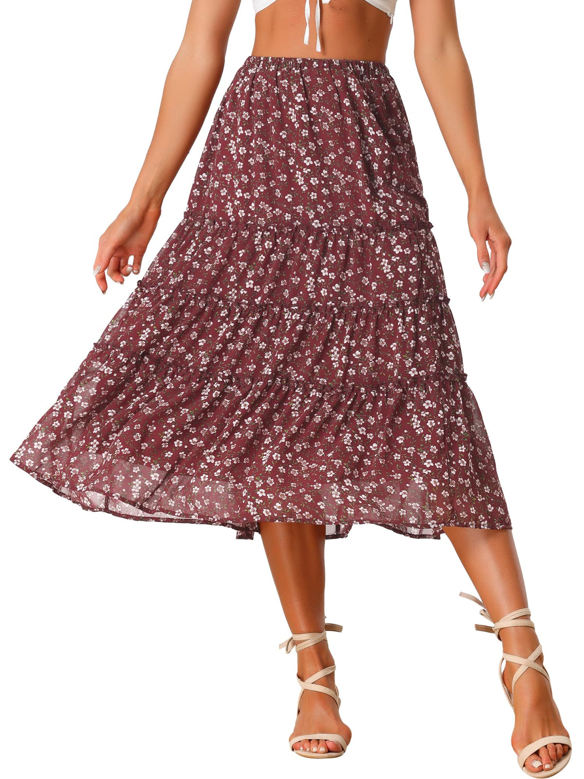 Allegra K Women's Floral Skirt Chiffon A-line Long Tiered Ruffle Maxi Skirt