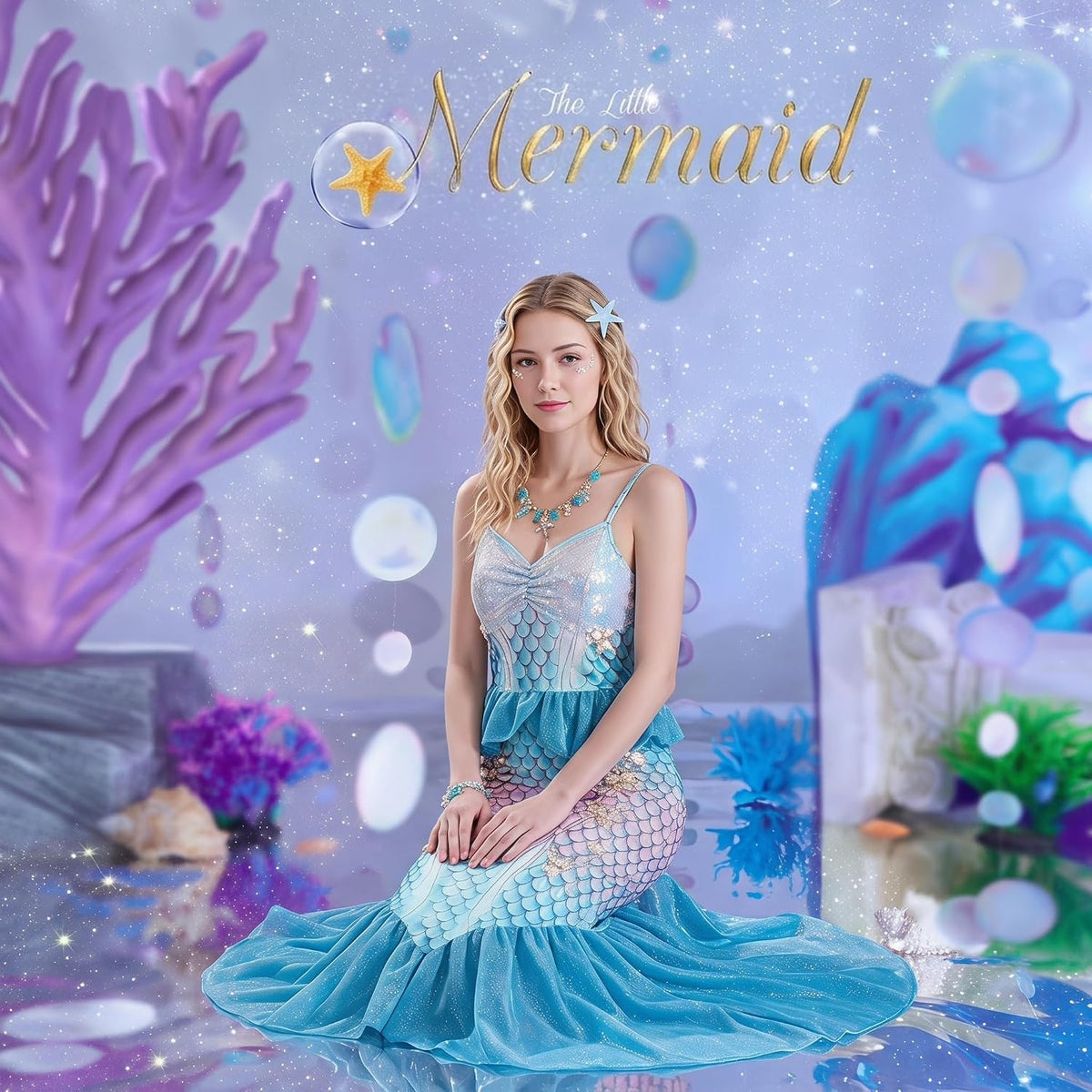 5PCS Mermaid Costume for Women Include Mermaid Dress Shell Necklace Bracelet Starfish Hairclip for Party Halloween