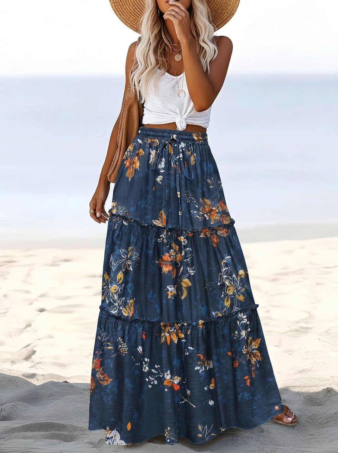 Zeagoo Womens Casual Maxi Skirts for Women 2026 High Waist Boho Skirts Floral Printed Long Flowy Skirt with Pockets