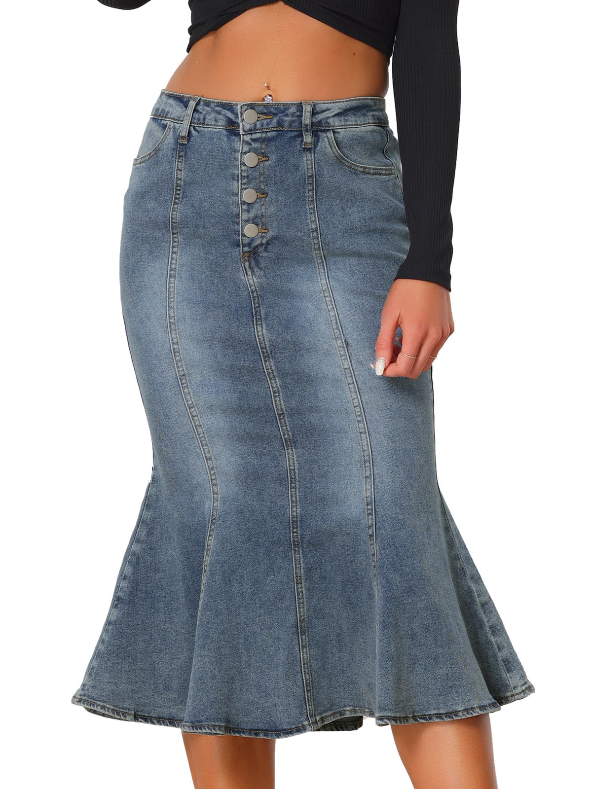 Allegra K Denim Skirt for Women Fishtail Midi Jean Skirts