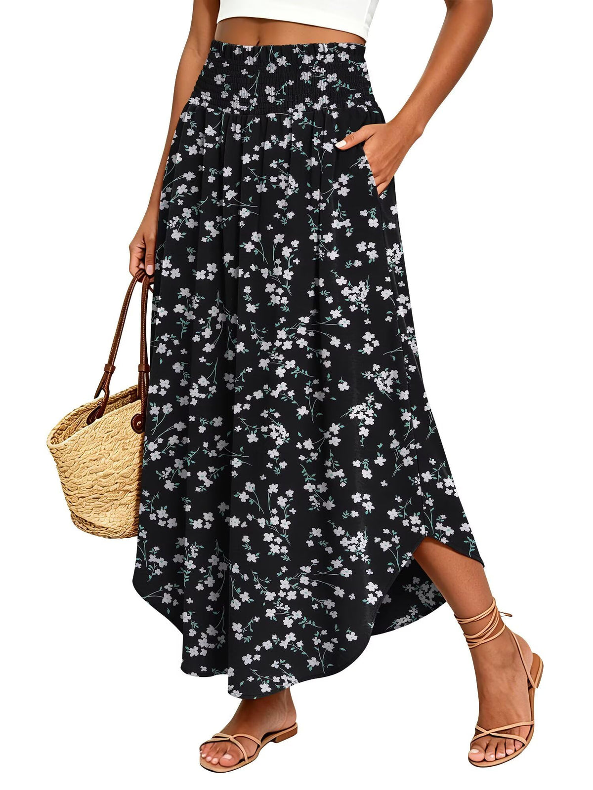 StunShow Women's Maxi Skirts Boho High Waisted Flowy A Line Pleated Beach Long Skirt with Pockets(S-XXL)