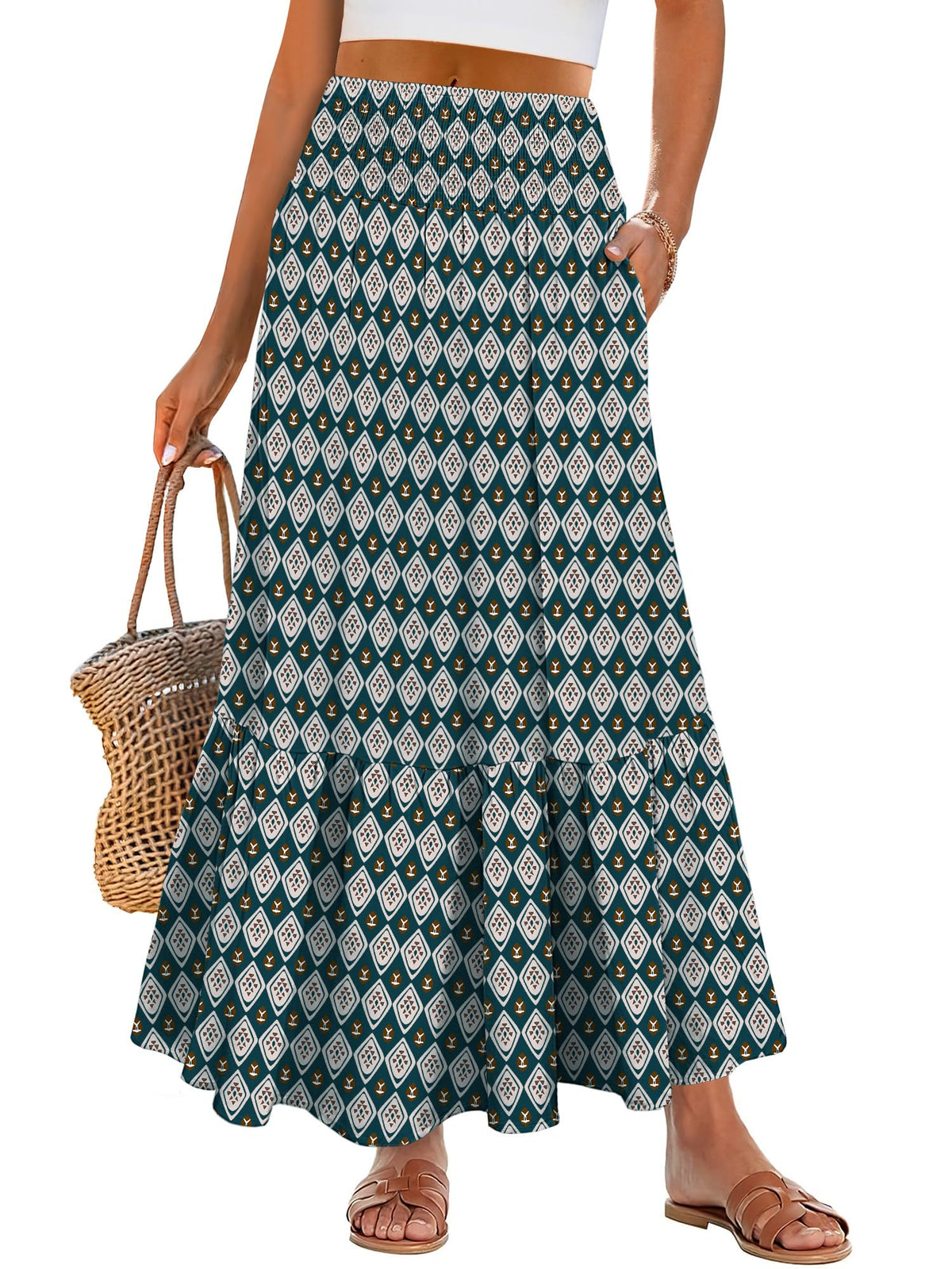 ANRABESS Women Boho Floral Maxi Skirts, High Waisted Tiered Skirt, Flowy Beach Skirts with Pockets for Vacation & Summer Wear