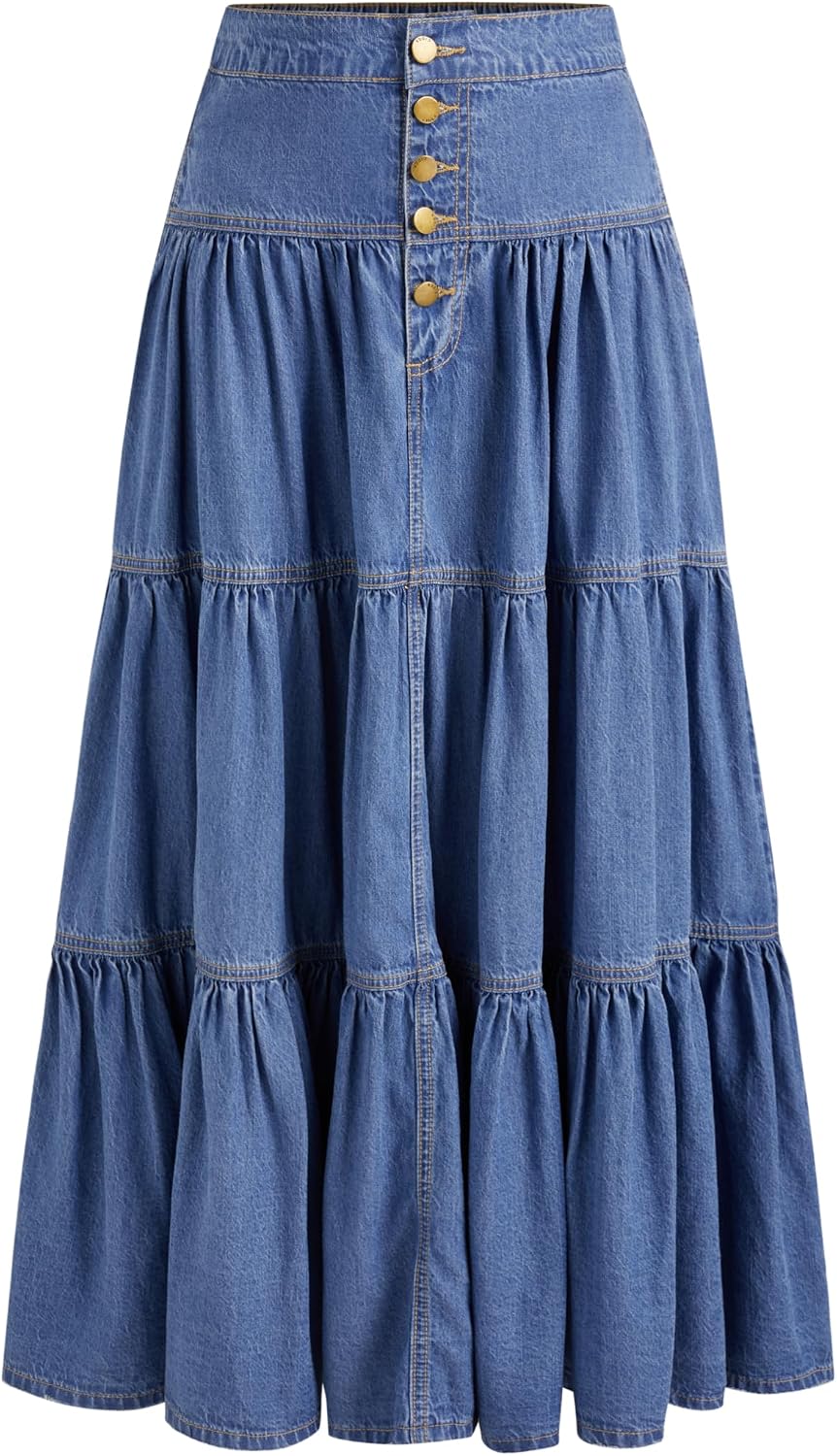 CIDER Womens Long Jean Denim Tiered Button Down High Waist Maxi Skirts