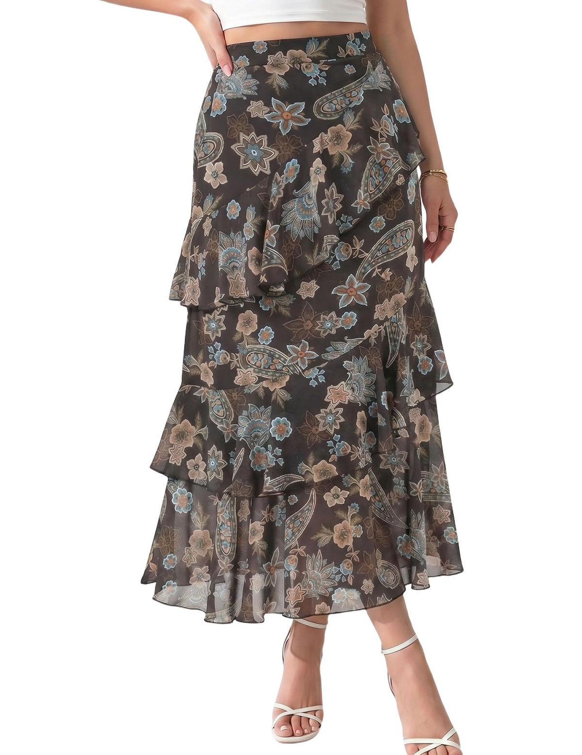 DERAX Women's Boho Floral Midi Skirt A Line Tiered Ruffle Long Skirts