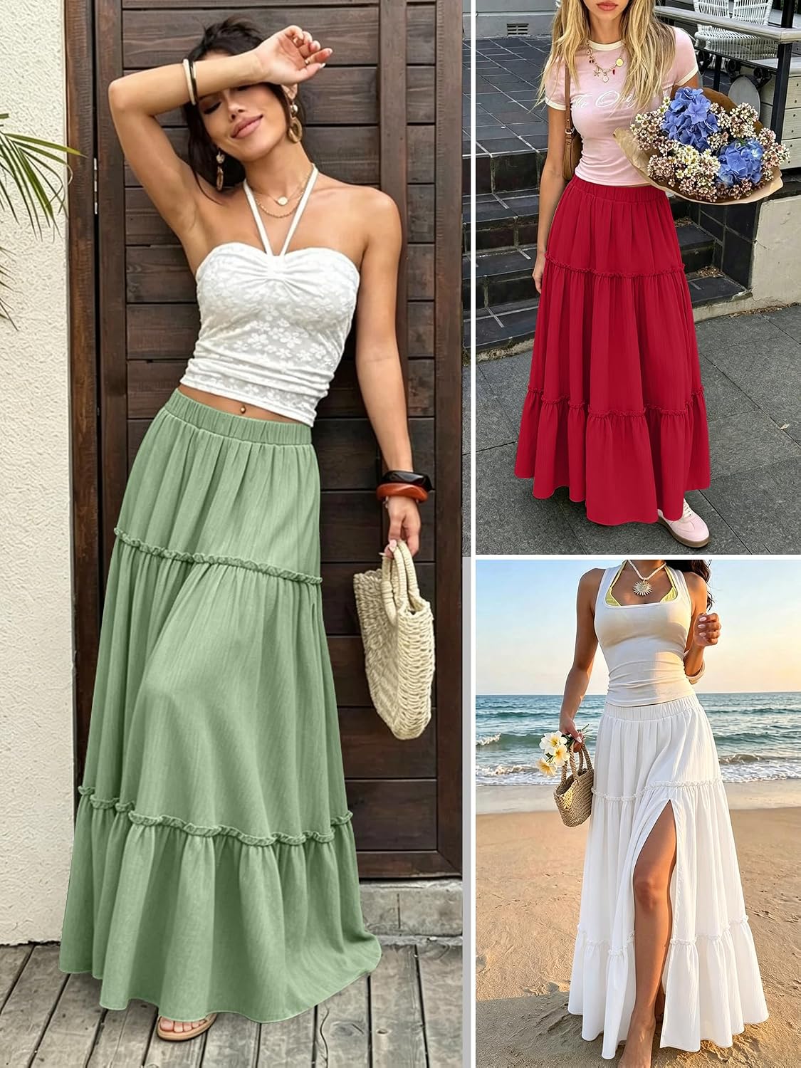 Maxi Skirts for Women 2026 Summer Side Slit Tiered Trendy Pleated Ruffle Flowy Boho Long Skirt with Pockets