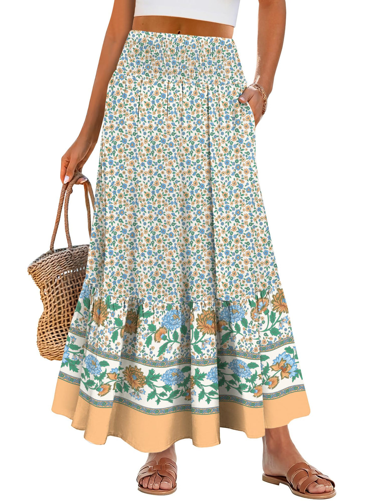 ANRABESS Women Boho Floral Maxi Skirts, High Waisted Tiered Skirt, Flowy Beach Skirts with Pockets for Vacation & Summer Wear