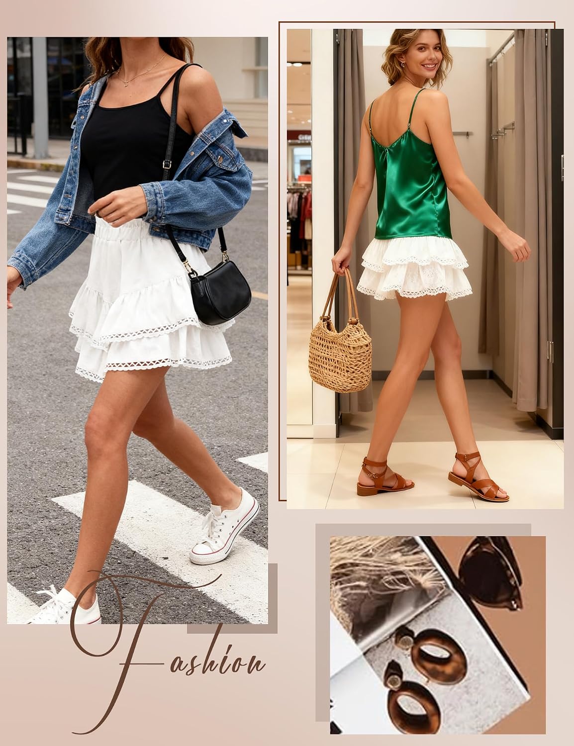 LOMON Flowy Skorts for Women Ruffle Tiered High Waist Crochet Mini Skirts