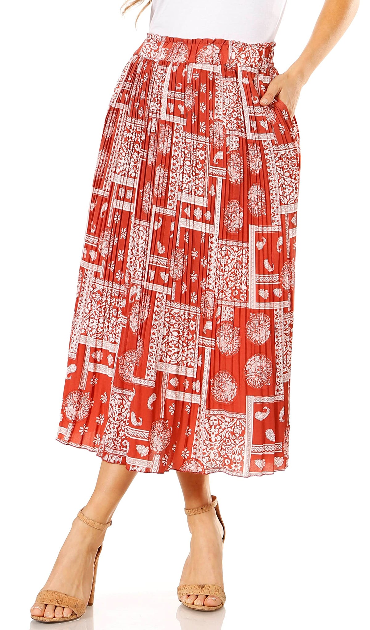 Simlu Pleated Midi Skirts for Women with Pockets, Elastic High Waisted Skirt Reg & Plus Size Womens Summer Skirts Trendy 2023