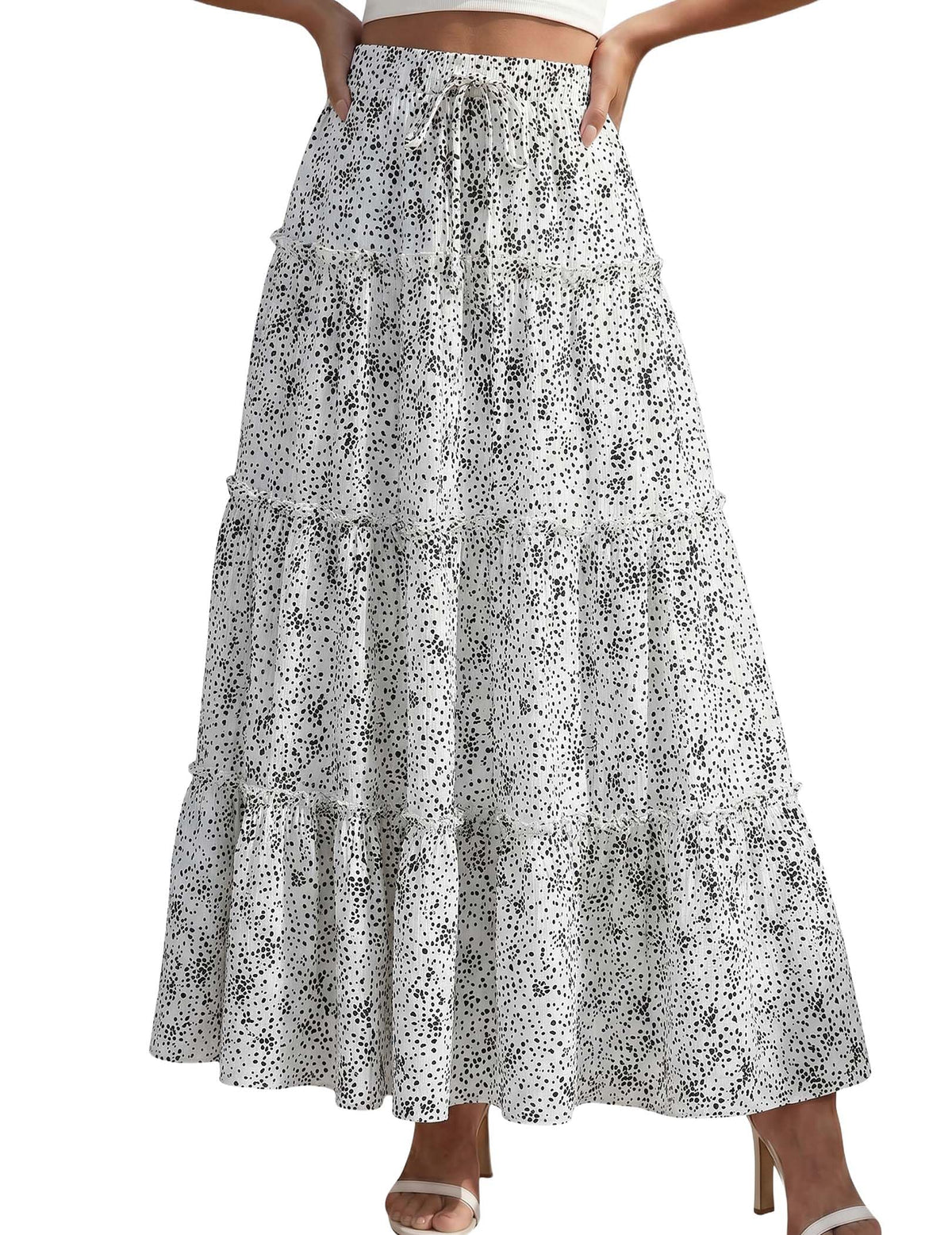 DERAX Womens Boho Maxi Skirt Flowy Ruffle Tiered High Waisted Long Skirts
