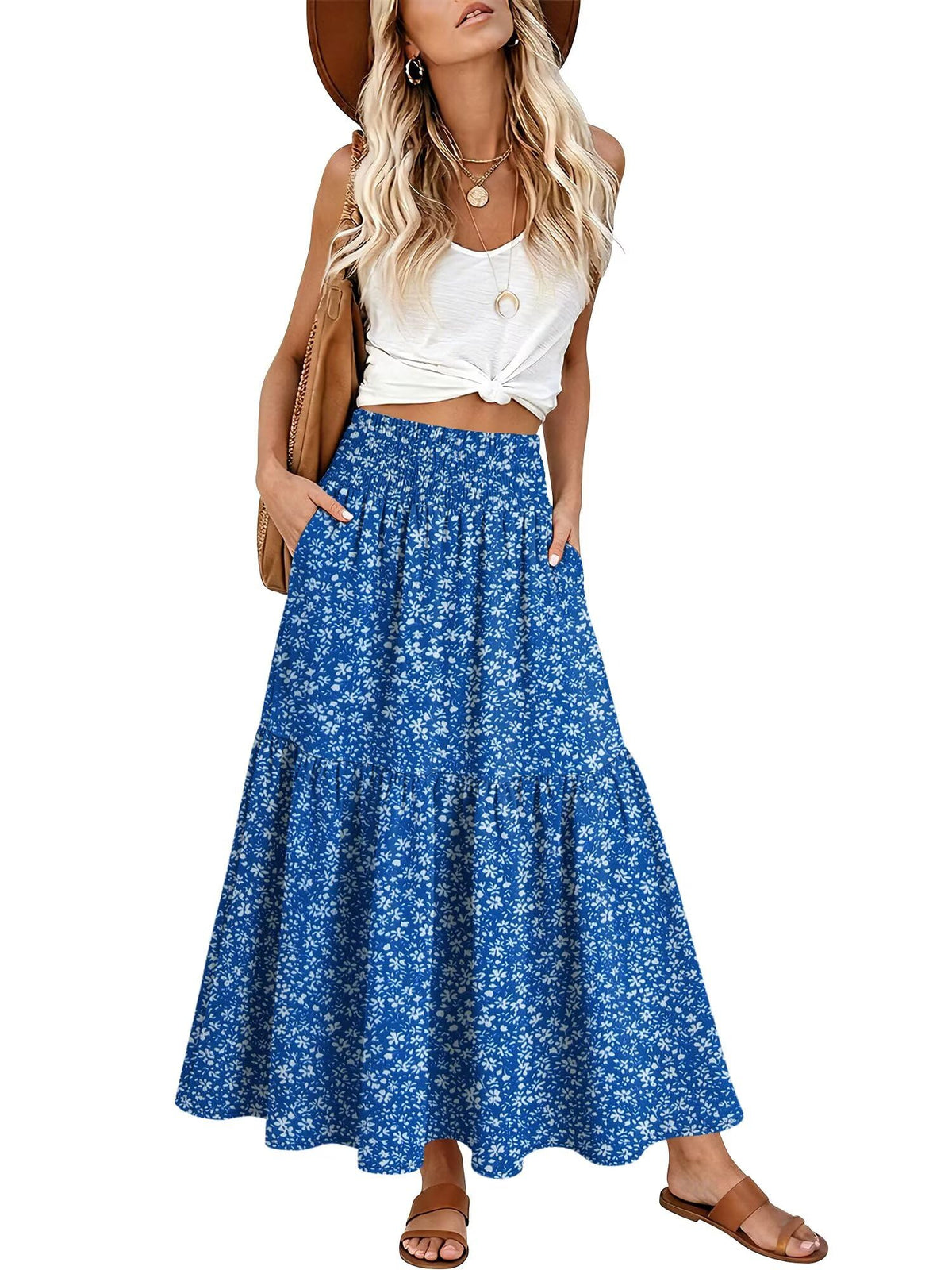 StunShow Women's Maxi Skirts Boho High Waisted Flowy A Line Pleated Beach Long Skirt with Pockets(S-XXL)