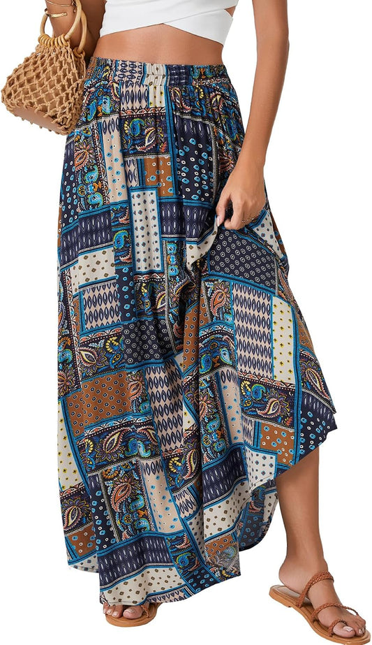 Rooscier Women's Boho Flowy Maxi Skirt Asymmetric A Line Elastic Waist Summer Long Skirts
