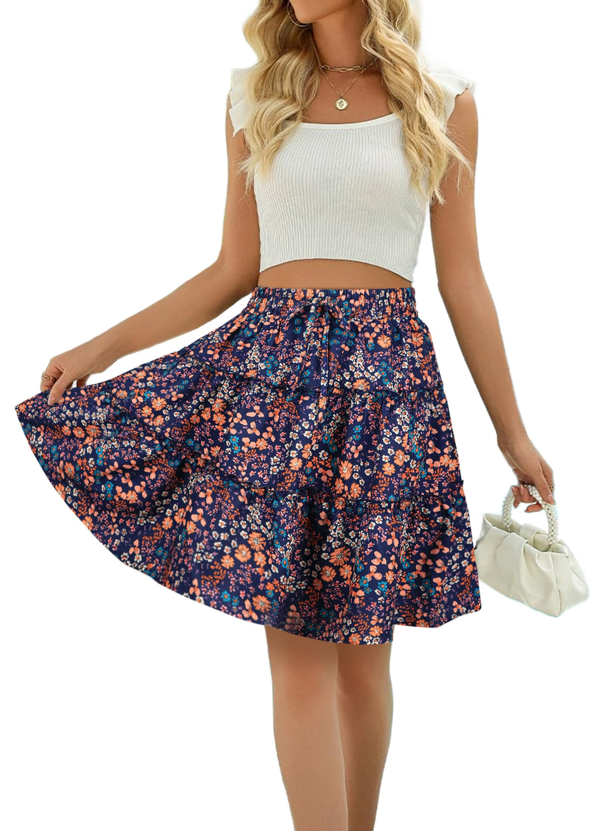 Women Summer A Line Skirt Flared Mini Elastic Waist Boho Beach Skirts