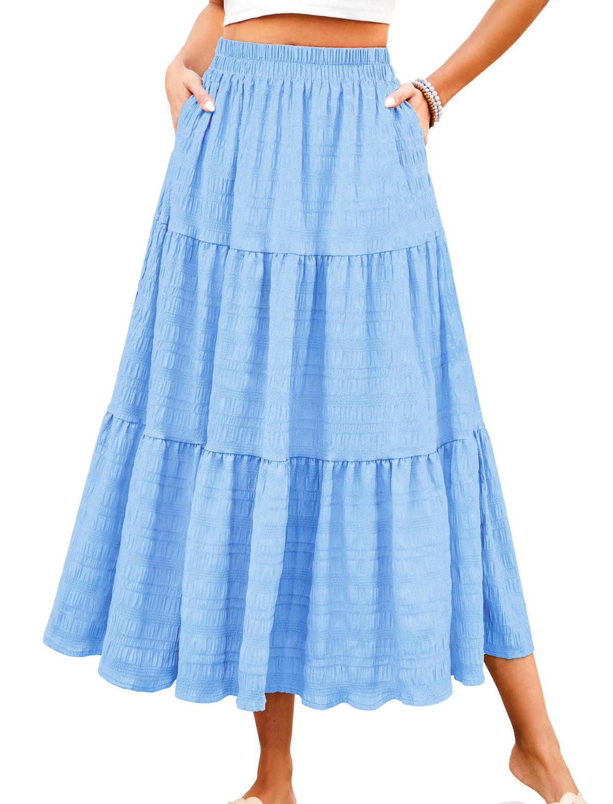 HUSKARY Women's Summer Casual Elegant Smock Layered Tiered Maxi Skirt High Waisted A Line Flowy Long Skirts with Pockets