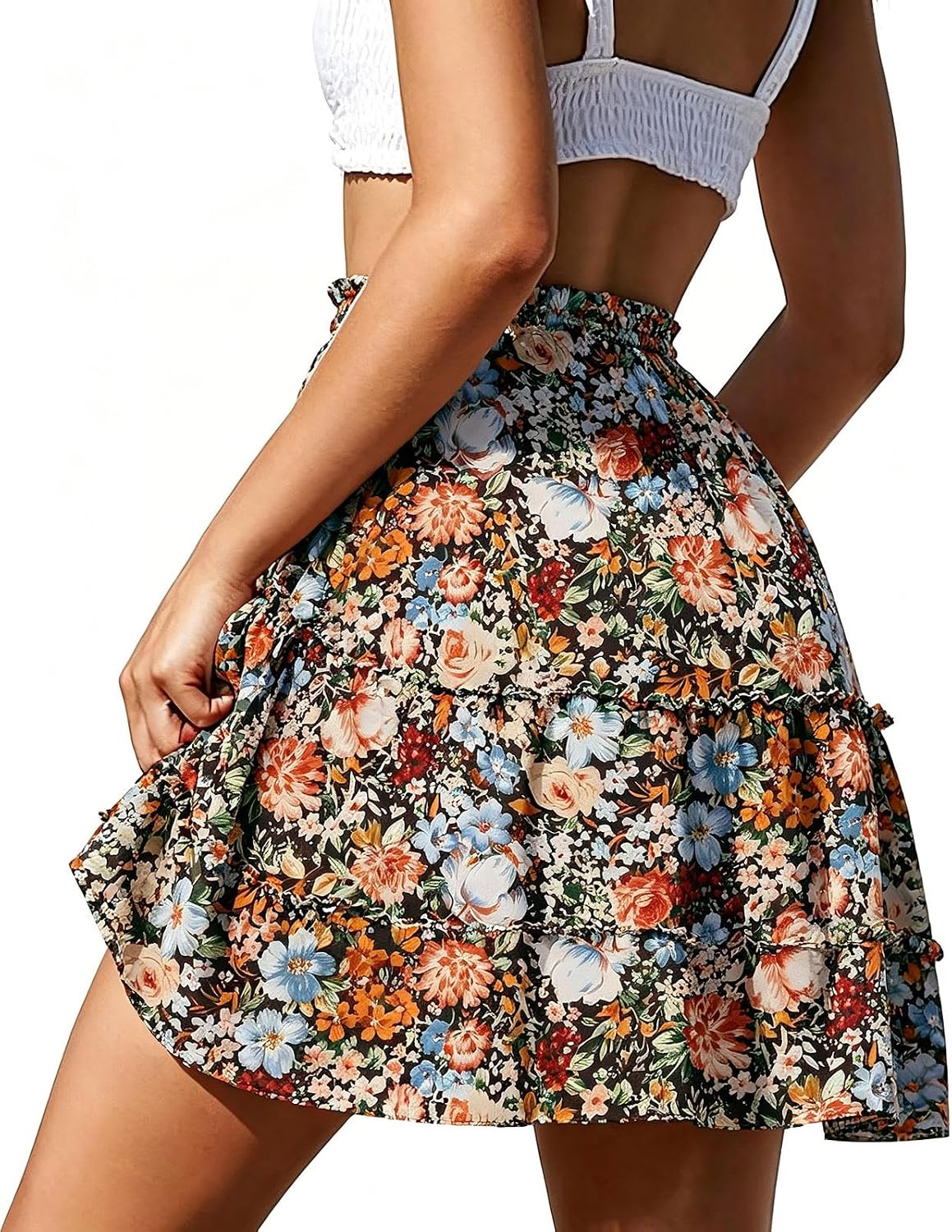 NASHALYLY Women's Boho Floral Mini Skirt High Waist Drawstring
