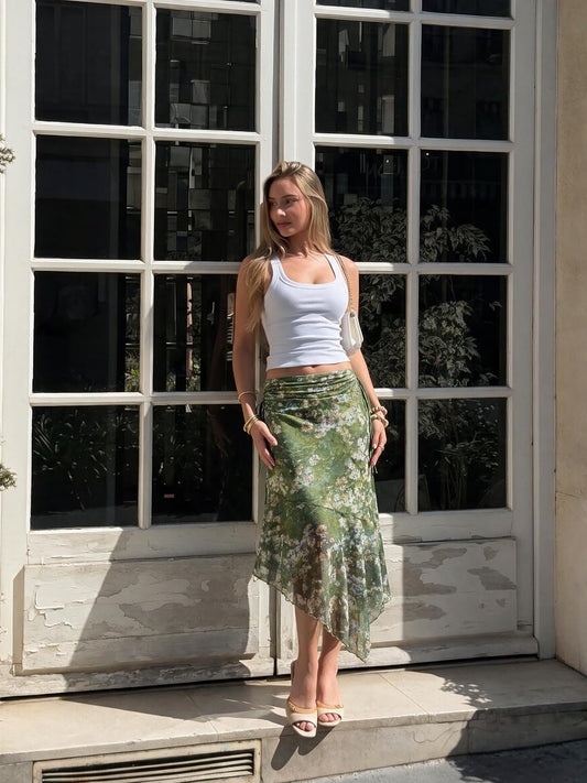 Narecte Boho Floral Ruched Asymmetrical Skirt Womens Midi Skirt
