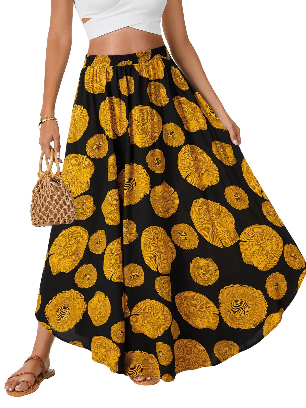 Rooscier Women's Boho Flowy Maxi Skirt Asymmetric A Line Elastic Waist Summer Long Skirts