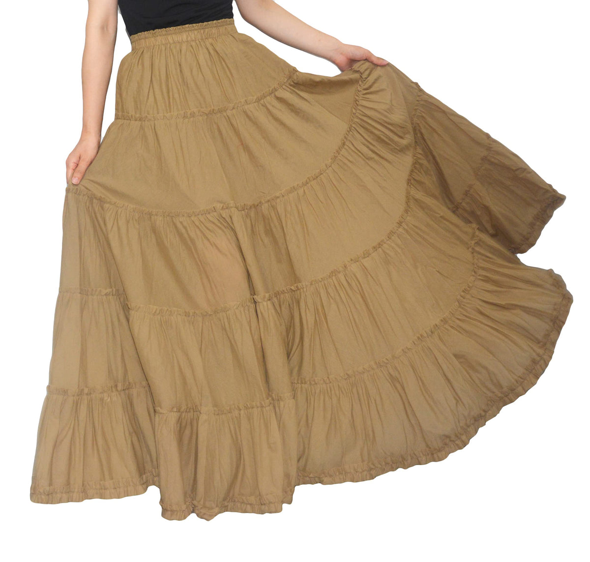 Women's Maxi Skirt Boho Pleated Cotton 5 Tiered Long A-Line Dance Skirts