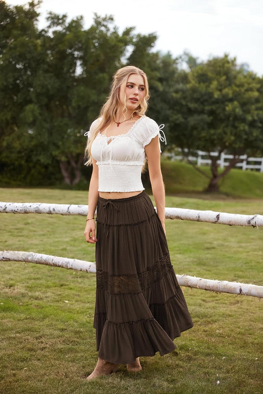 Scarlet Darkness Women's Boho Maxi Skirts Flowy Lace Long Renaissance Skirt