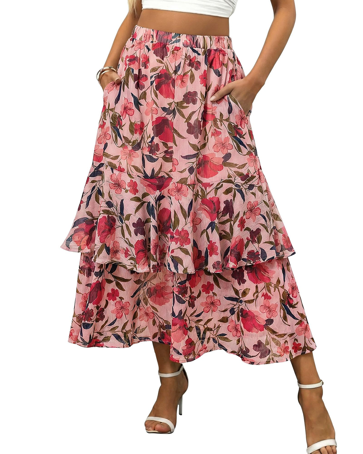 luvamia Long Skirts for Women Floral Flowy Boho Tiered Ruffle A Line Summer Chiffon Elastic Waist Maxi Skirt with Pocket