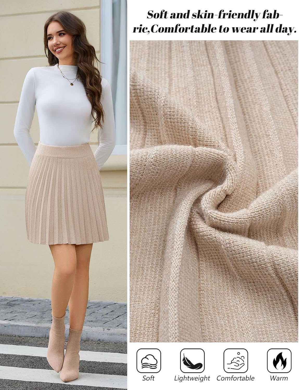 Yusongirl Women Mini Knit Pleated Skirt A Line Elastic High Waist
