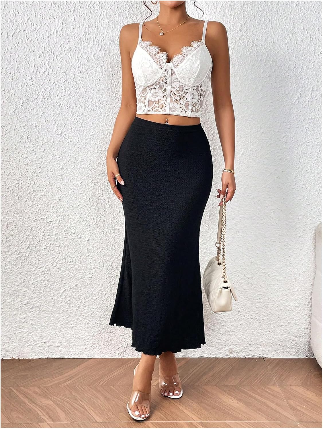 WDIRARA Women's High Waisted Fishtail Skirt Textured Ruffle Bodycon Long Skirts