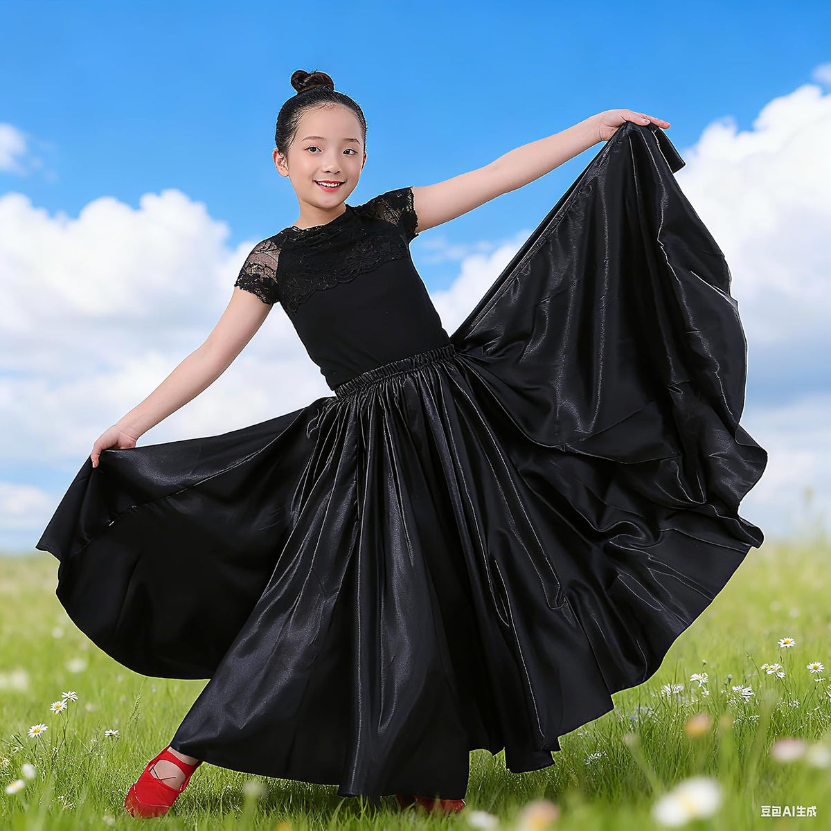 Girls Satin Full Dancing Circle Long Flowy Dance Skirt