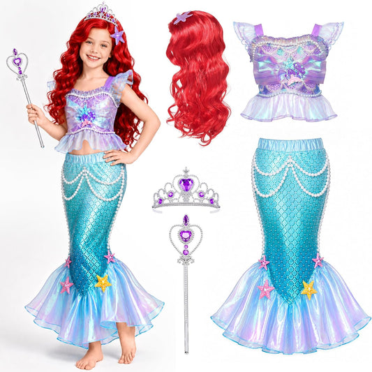 G.C Mermaid Costume for Girls,Little Mermaid Dress with Red Wig,Princess Dress Up Halloween Birthday Gift for Kids 3-7