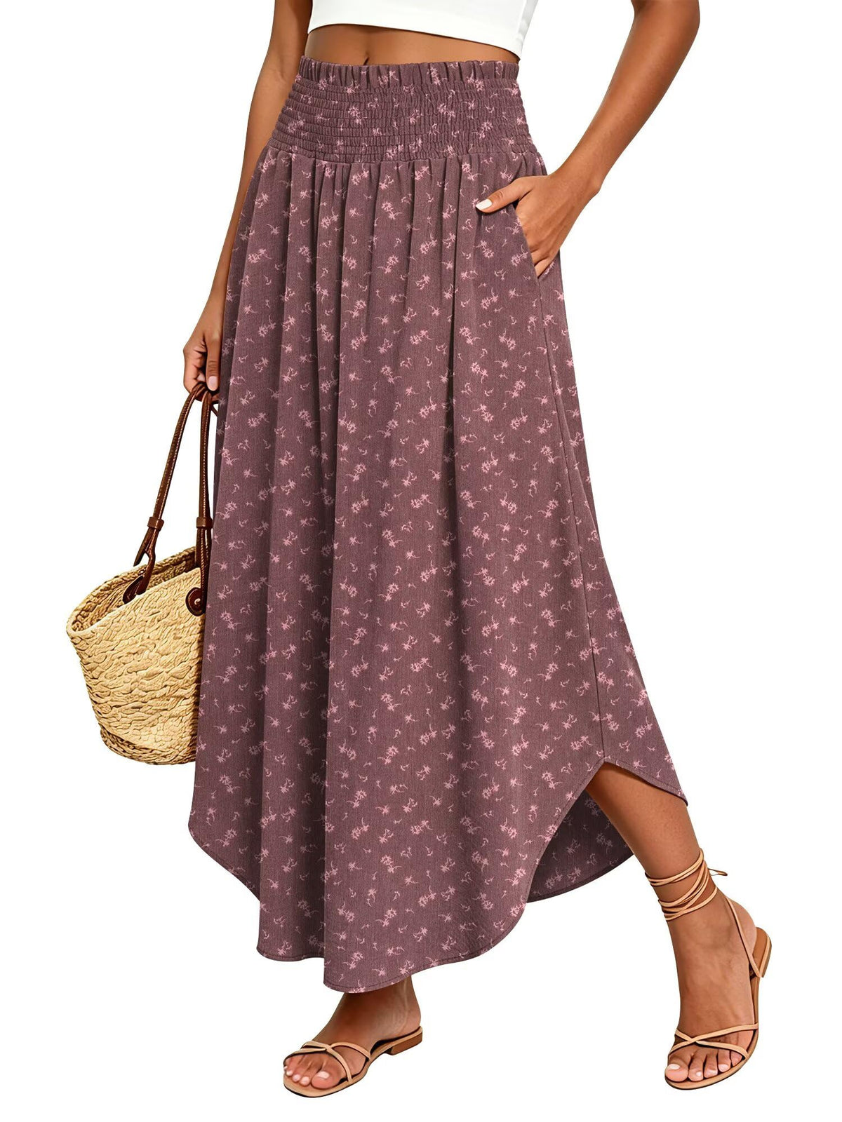StunShow Women's Maxi Skirts Boho High Waisted Flowy A Line Pleated Beach Long Skirt with Pockets(S-XXL)