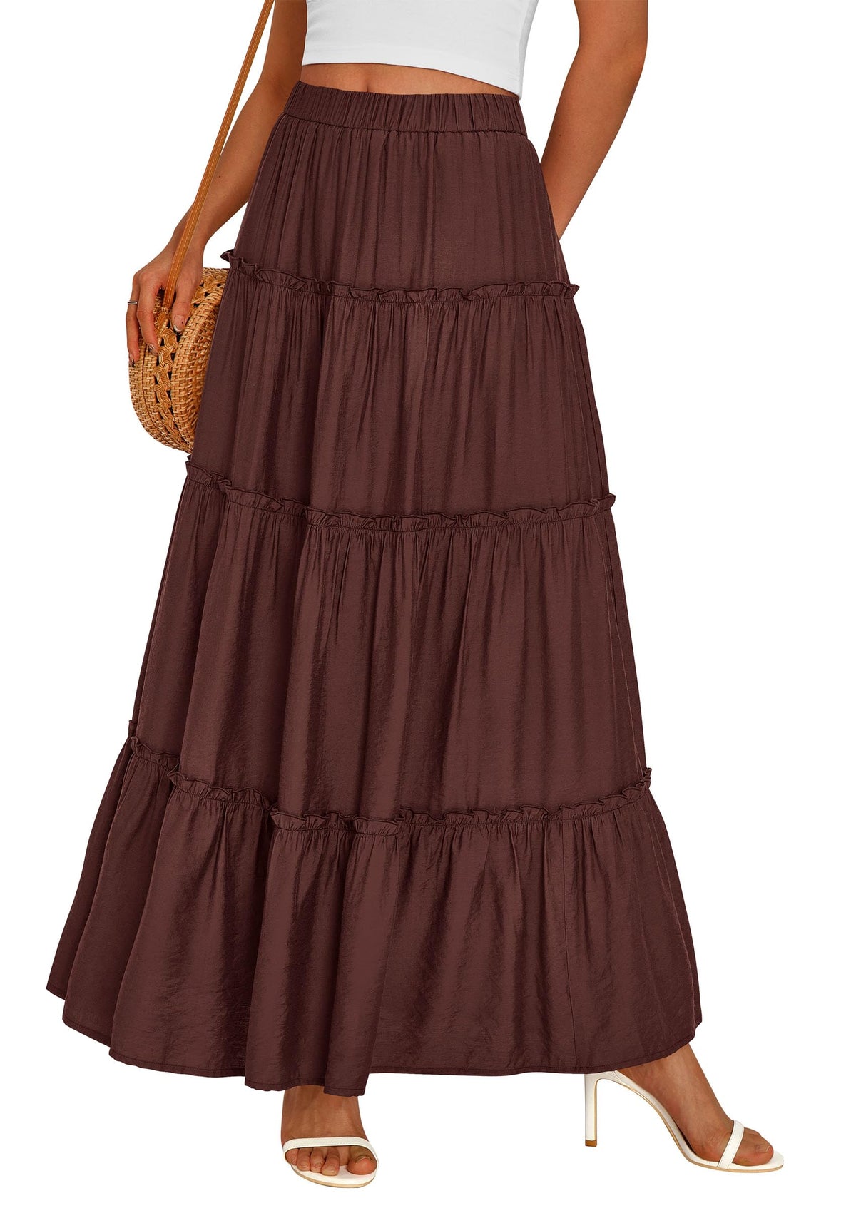 PRETTYGARDEN Women's Boho Tiered Ruffle Flowy Maxi Skirt
