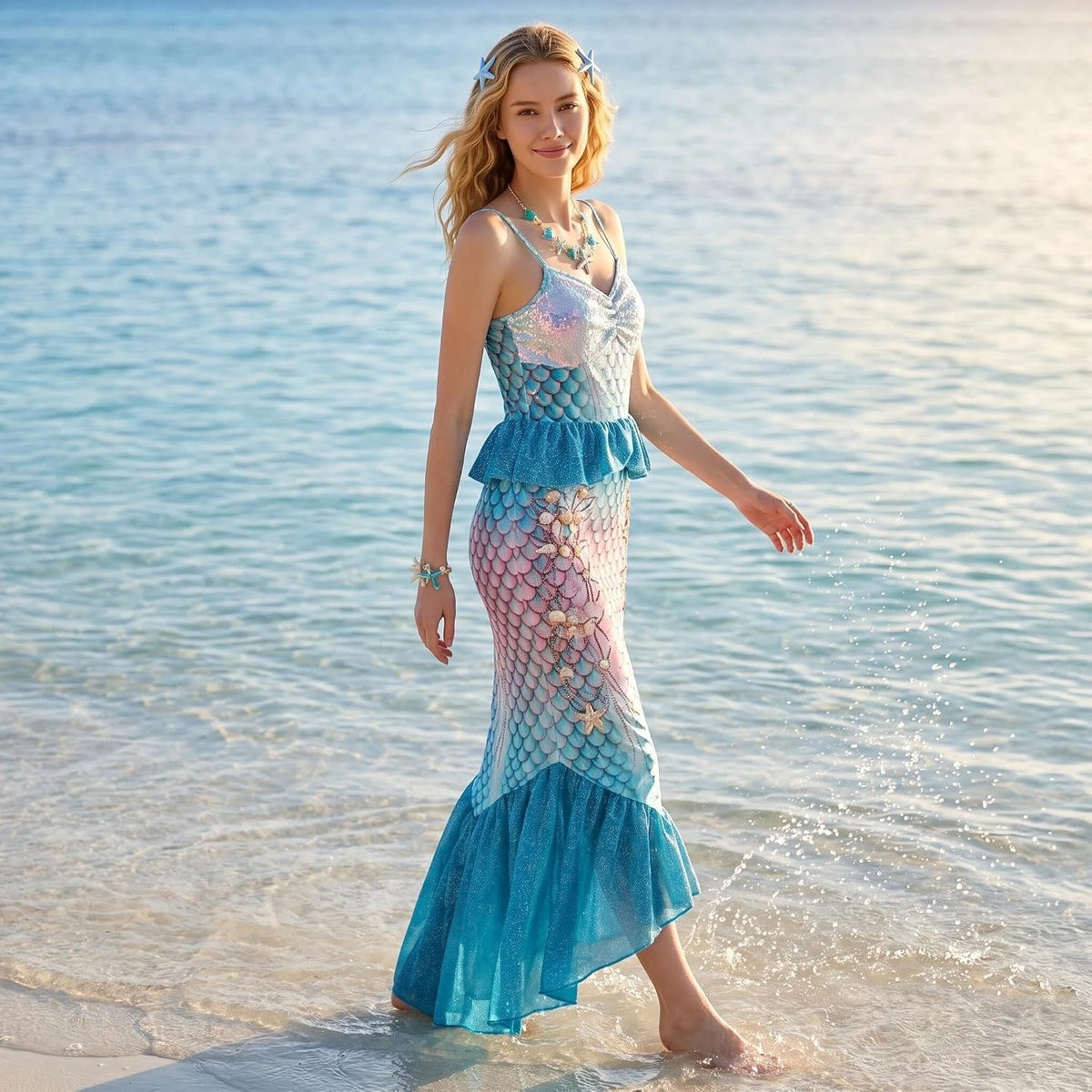5PCS Mermaid Costume for Women Include Mermaid Dress Shell Necklace Bracelet Starfish Hairclip for Party Halloween