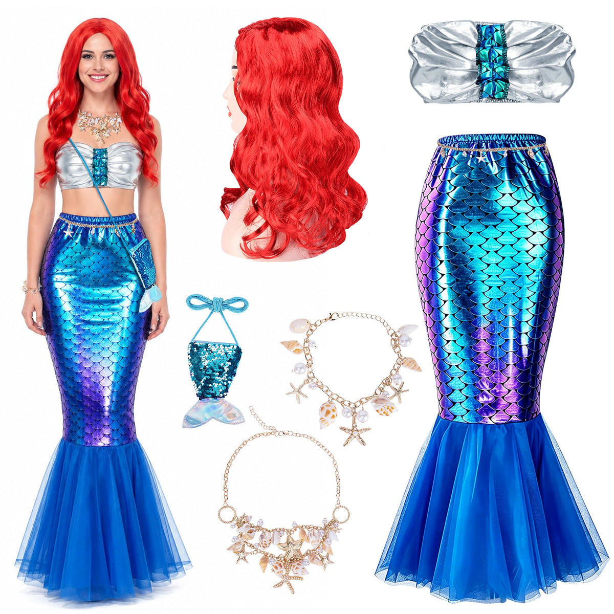 7 Pack Halloween Women Mermaid Costume, Mermaid Tube Top Skirt Costume Set
