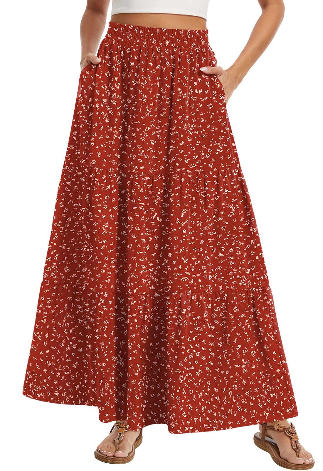 Women's Summer Boho Maxi Skirt Long Flowy Tiered A-Line High Waist Pleated Skirts with Pockets for Beach Vacation