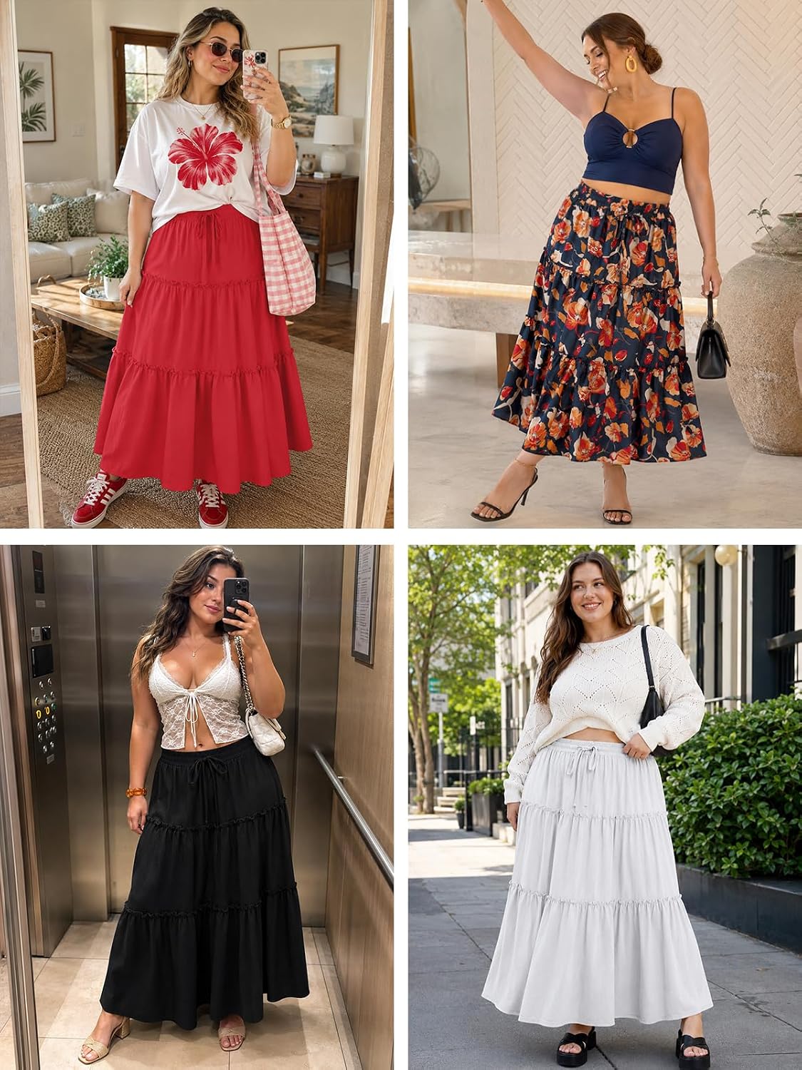 Moon Wood Plus Size Maxi Skirts for Women Trendy Long Flowy Boho Tiered Skirt Renaissance Summer Beach Skirt with Pockets