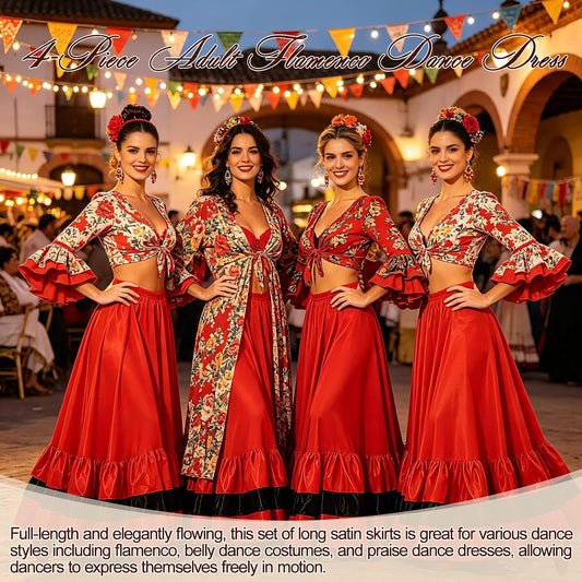 4PCS Flamenco Skirts for Women Full Circle Ruffle Long Satin