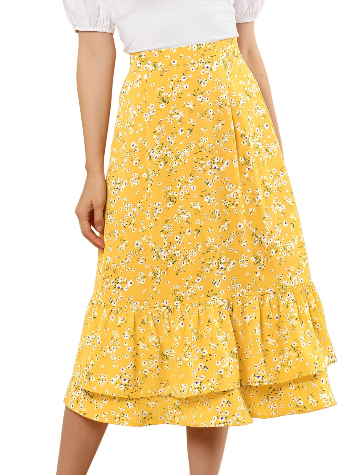 Allegra K Women's Printed Skirt Chiffon Ruffle Tiered Flowy Midi Skirts