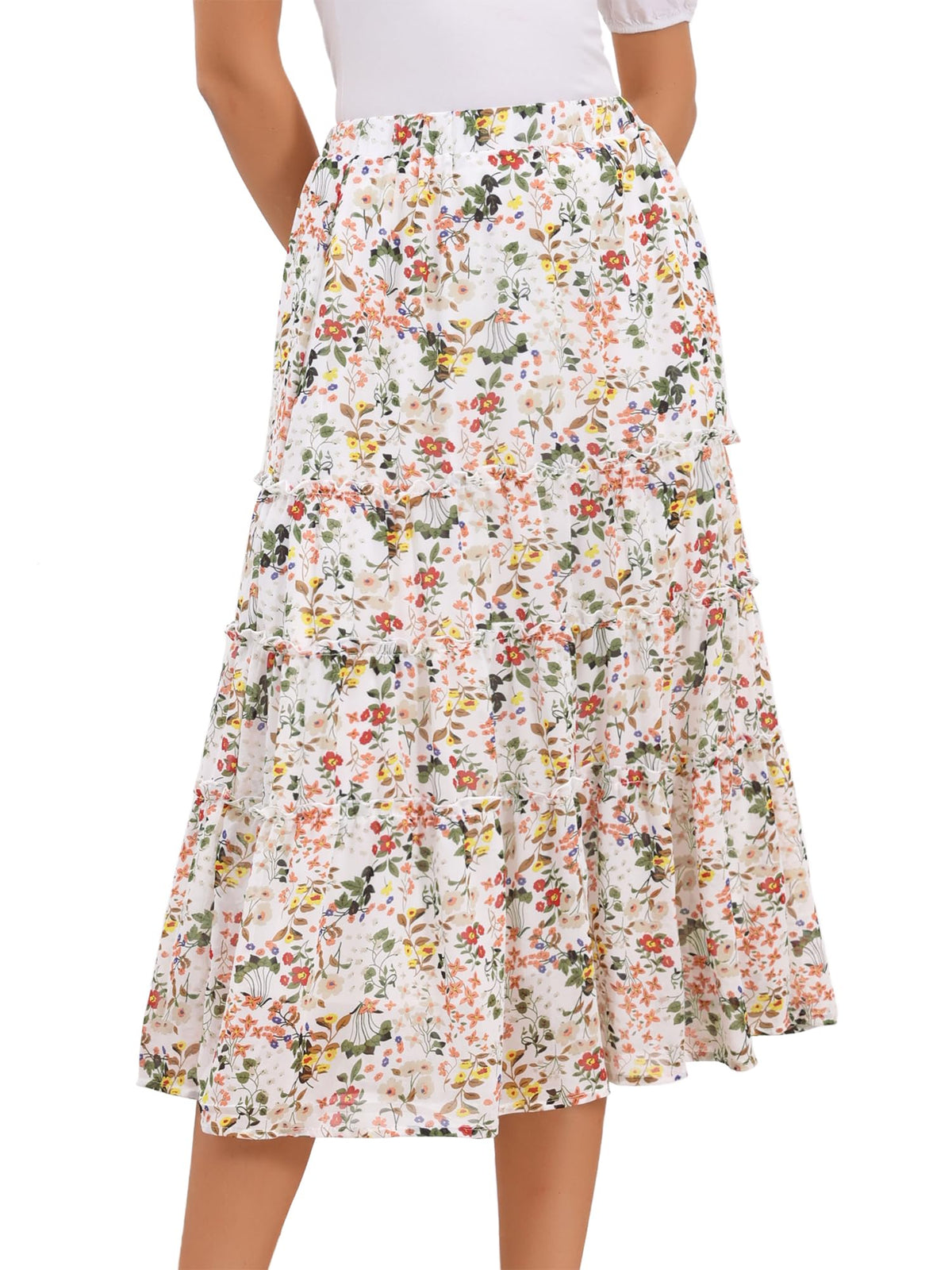 Allegra K Women's Floral Skirt Chiffon A-line Long Tiered Ruffle Maxi Skirt