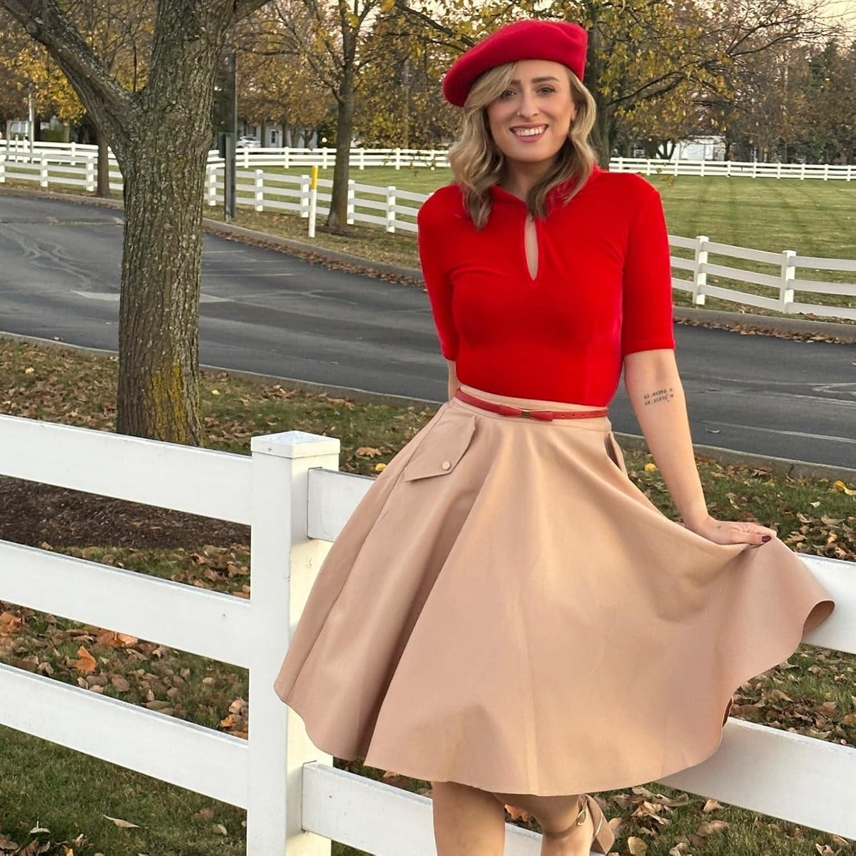 Tatyana Delilah Circle Skirt, Cotton Blend, Vintage Style with Patch Pockets, Full Circle Design, Camel or Red, XS-4X
