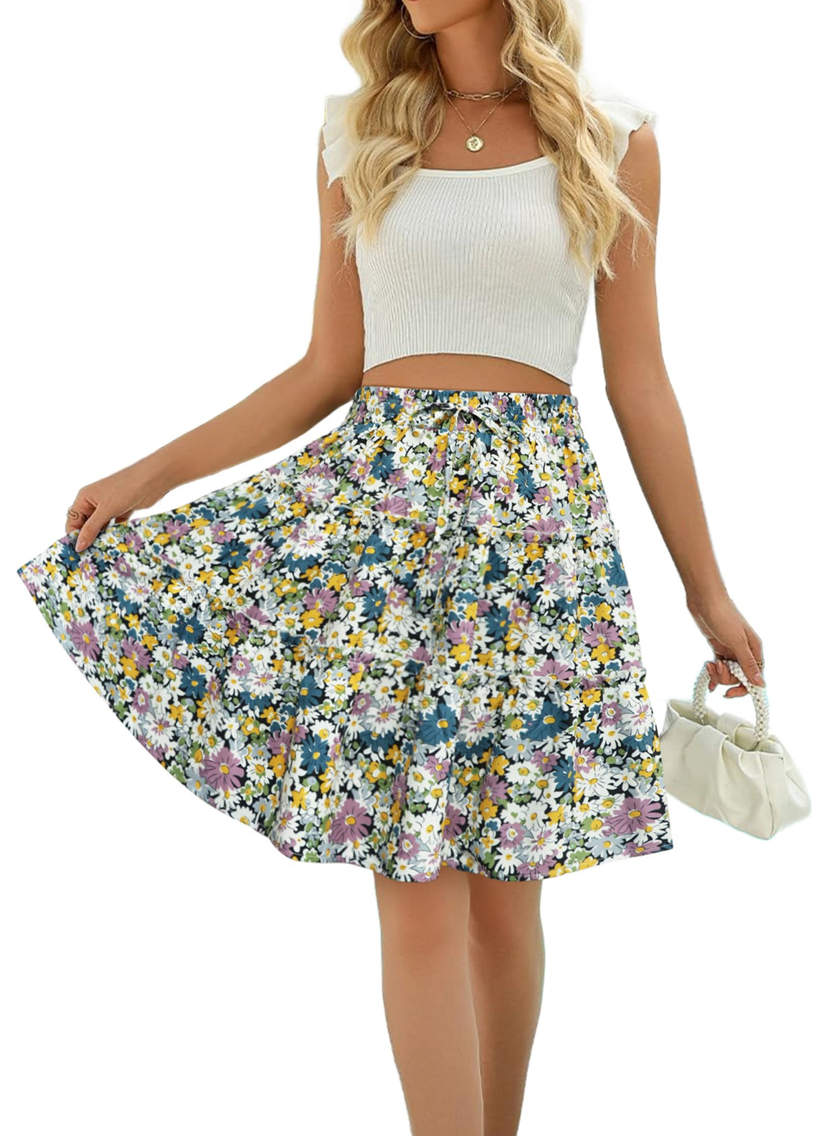Women Summer A Line Skirt Flared Mini Elastic Waist Boho Beach Skirts