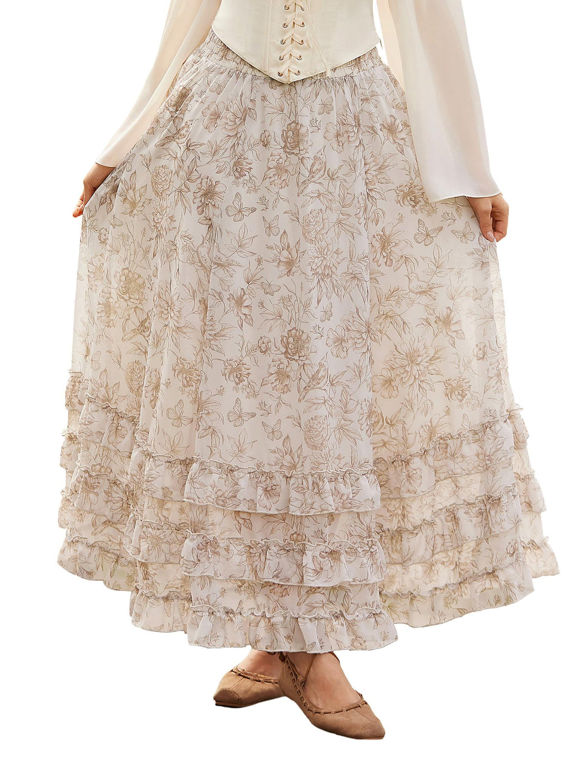 Scarlet Darkness Maxi Skirts for Women Floral Chiffon Ruffle Long Skirt